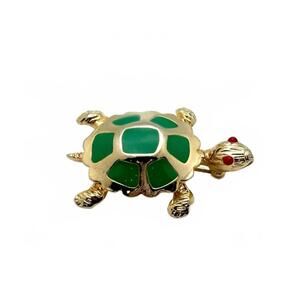 Vintage Gold Tone Enamel Turtle Brooch Green Shell Figural Animal Pin